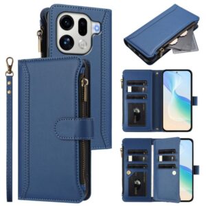 OPPO Find X9 Pro Magnetic Closure 9 Card Slots Zipper Leather Case with Hand Strap - Black