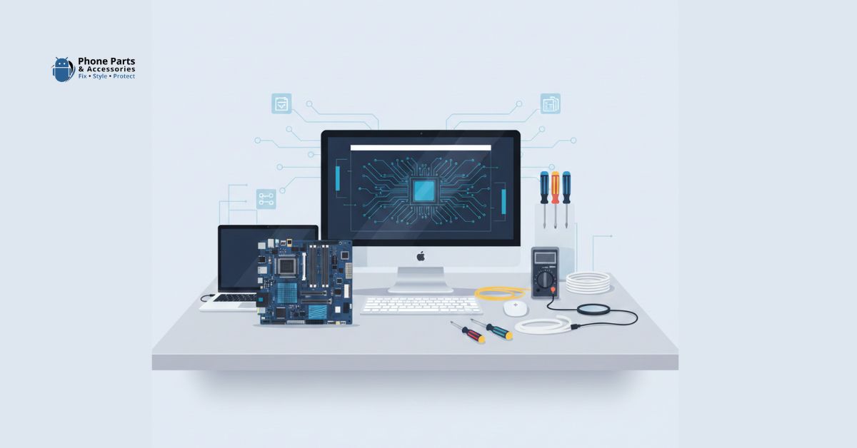 Modern computer repair workspace with laptop, desktop, and tools in a clean tech setting.